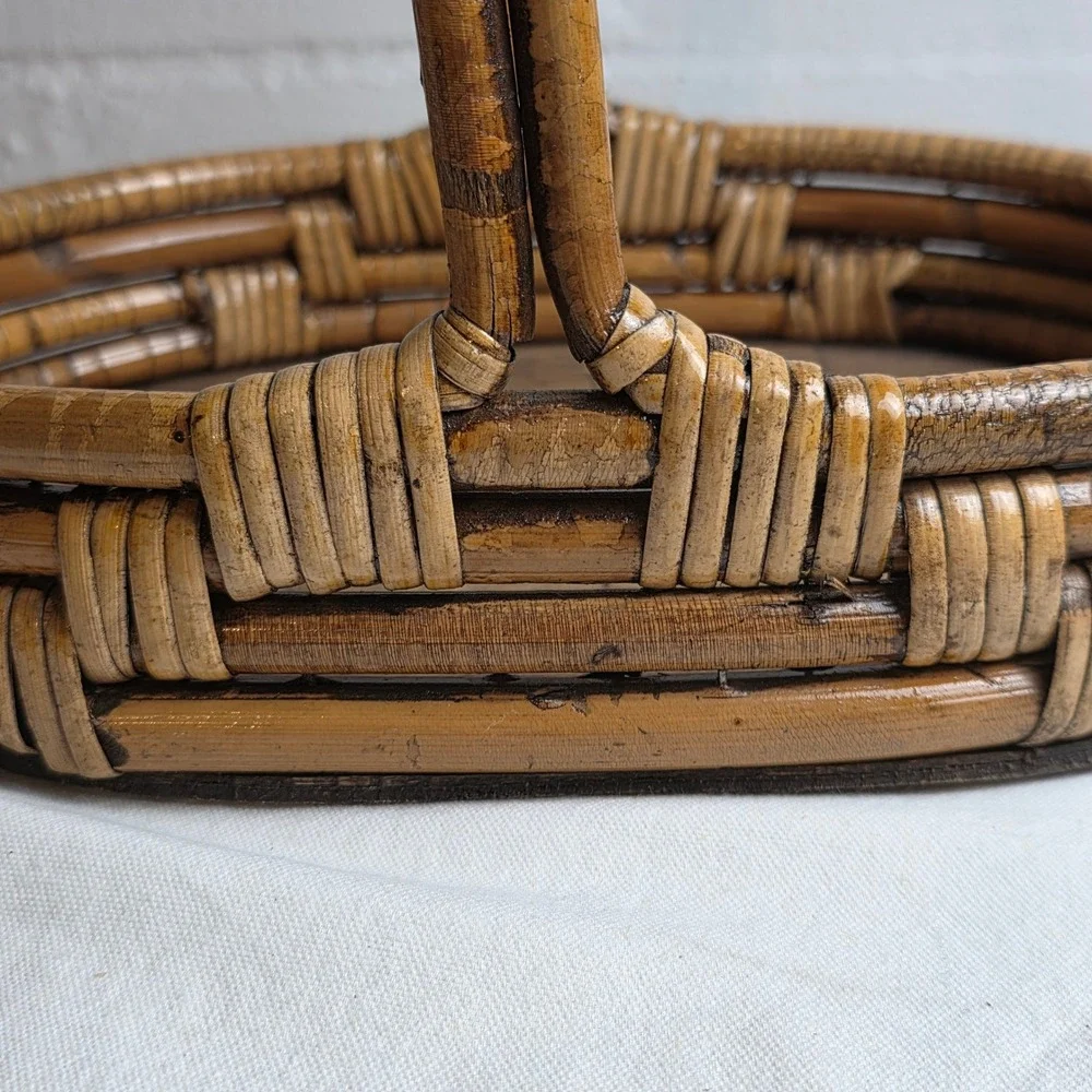 Vintage Bentwood Rattan Oval Basket Tray with Handle Brown Wood Base